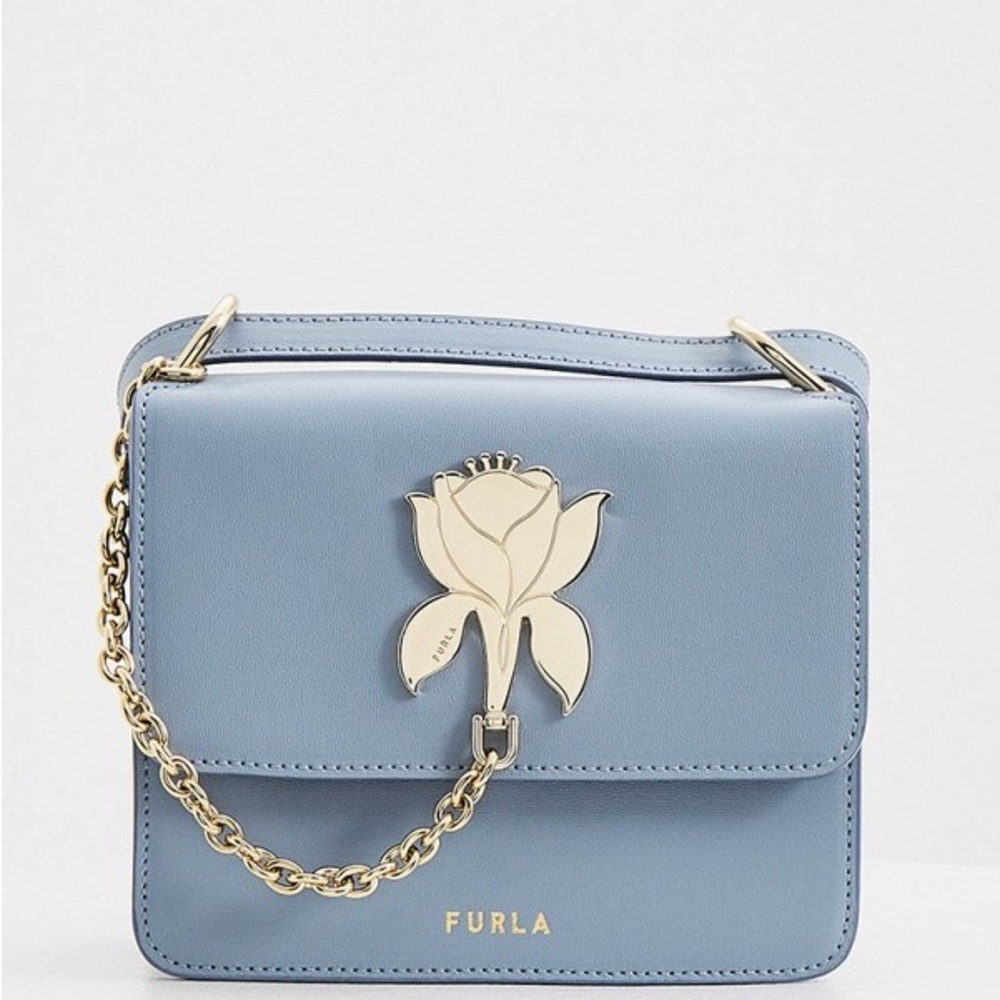 Furla Tuberosa Mini Crossbody Shoulder Bag Leather Floral Pattern Logo Blue Ligh